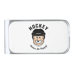 Hockey Makes Me Happy Funny Cartoon Hockey Player Silver Finish Money Clip