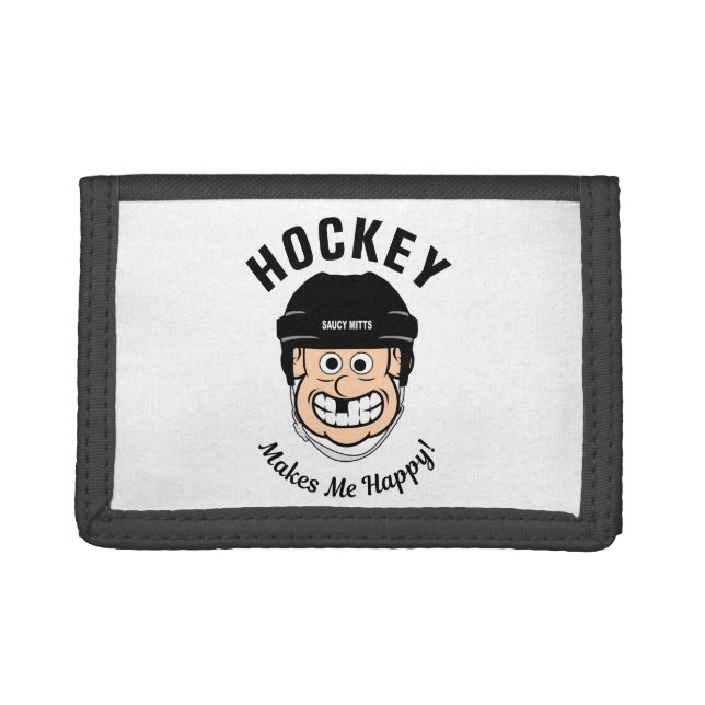 Hockey Makes Me Happy Funny Cartoon Hockey Player Trifold Wallet (Front)