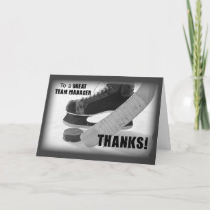 Hockey Manager Thanks, Skates, Stick and Puck Letterpress Thank You Card