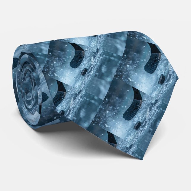 Hockey Modern Abstract Stick on Ice Blue Shades Neck Tie (Rolled)
