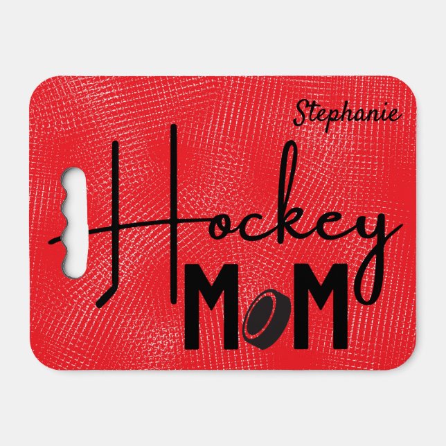 Hockey mom gear rink seat cushion calligraphy red (Front Horizontal)
