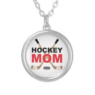 Hockey Mom Hockey Sticks Red Silver Plated Necklace