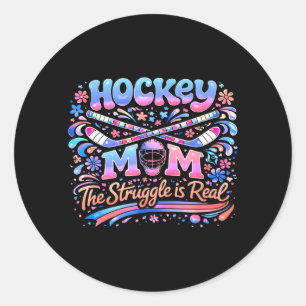 Hockey Mom Pink Blue Retro 70s Groovy Vintage Fun Classic Round Sticker
