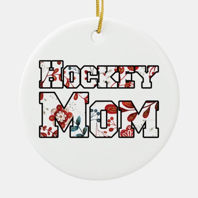 Hockey Mom Red Blue Floral Ceramic Ornament (Front)