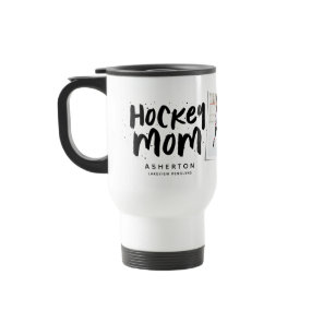 Hockey mom trendy black type personalized photo travel mug