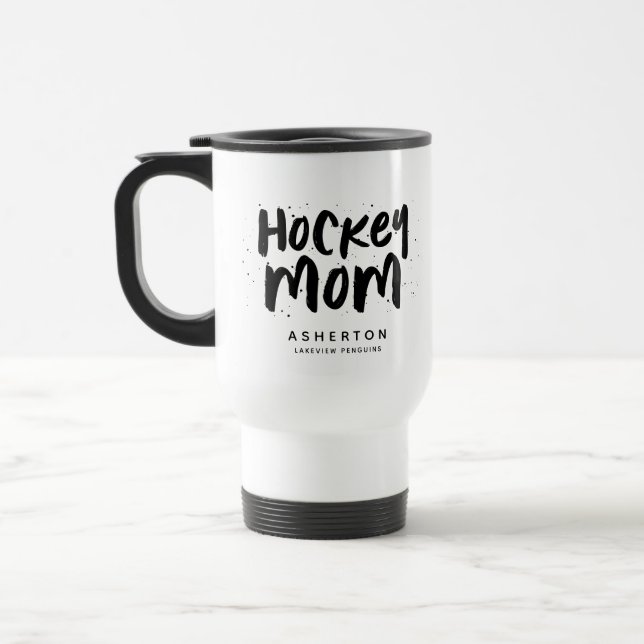 Hockey mom trendy black type personalized travel mug (Left)
