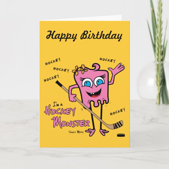 Hockey Monster Pink Greeting Card (Front)