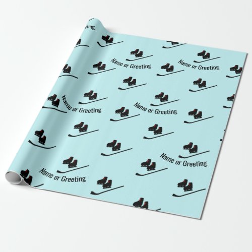Hockey Pattern _ Skates and Stick Any Name  Text Wrapping Paper