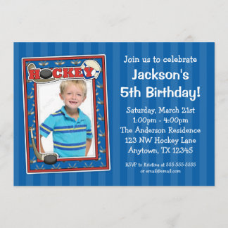 Hockey Photo Birthday Party Blue Invitations