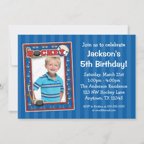 Hockey Photo Birthday Party Blue Invitations