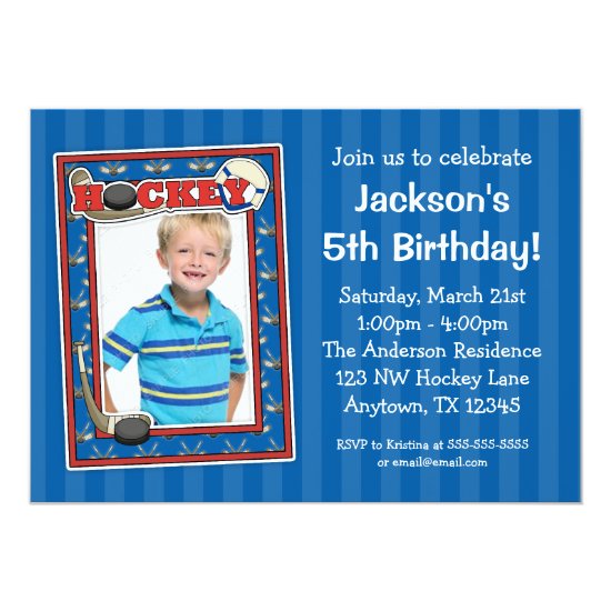 Hockey Photo Birthday Party Blue Invitations