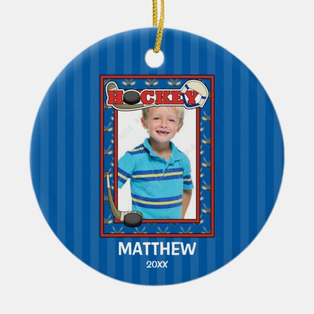 Hockey Photo Frame Kids Personalized Christmas Ceramic Ornament (Front)