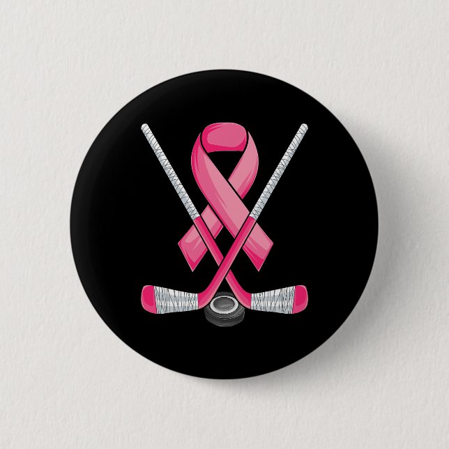 Hockey Pink Ribbon Breast Cancer Awareness Sport L Button (Front)