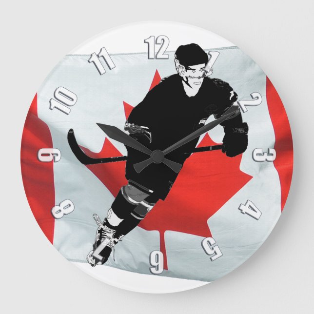 Hockey Player  and Canadian Flag Large Clock (Front)
