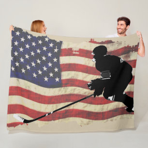 Hockey Player and US Flag - Winter Sports Fleece Blanket