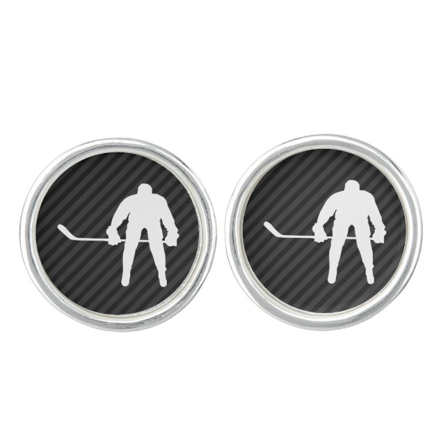 Hockey Player; Black & Dark Gray Stripes Cufflinks (Front)