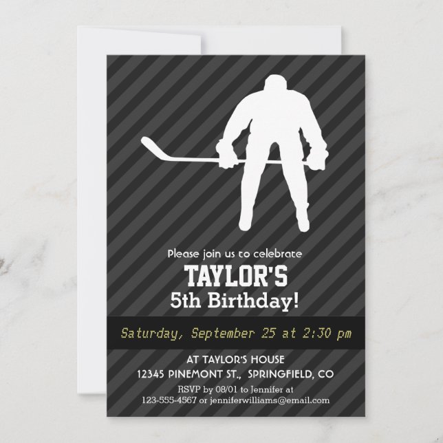 Hockey Player; Black & Dark Gray Stripes Invitation (Front)