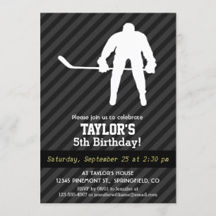 Hockey Player; Black & Dark Gray Stripes Invitation