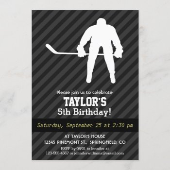Hockey Player; Black & Dark Gray Stripes Invitation by Birthday_Party_House at Zazzle