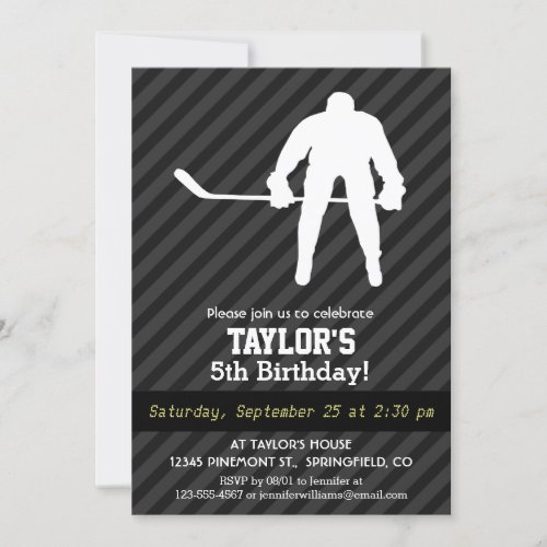 Hockey Player Black  Dark Gray Stripes Invitation