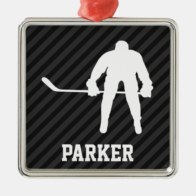 Hockey Player; Black & Dark Gray Stripes Metal Ornament (Front)