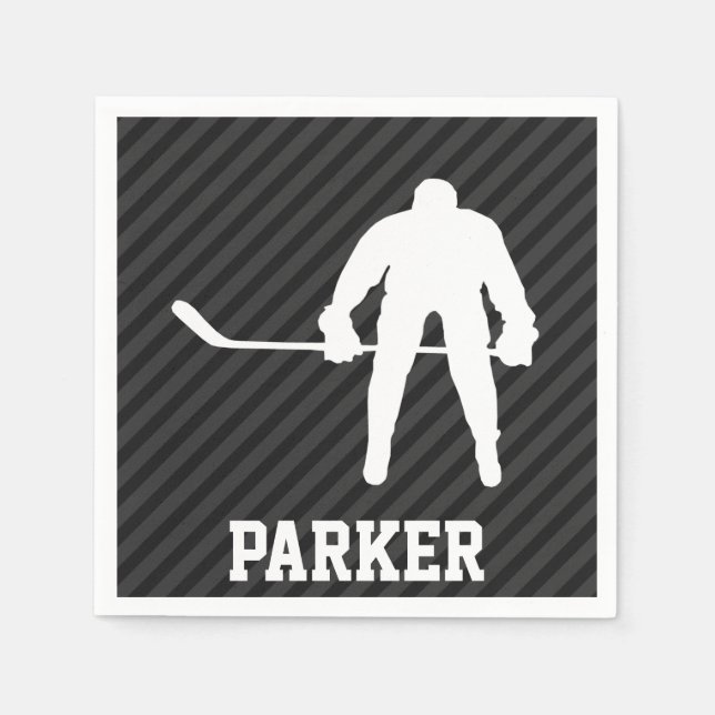 Hockey Player; Black & Dark Gray Stripes Paper Napkins (Front)