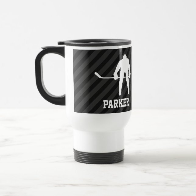 Hockey Player; Black & Dark Gray Stripes Travel Mug (Left)