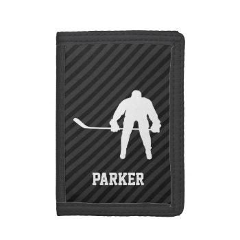 Hockey Player; Black & Dark Gray Stripes Tri-fold Wallet by Birthday_Party_House at Zazzle