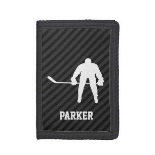 Hockey Player; Black & Dark Gray Stripes Trifold Wallet