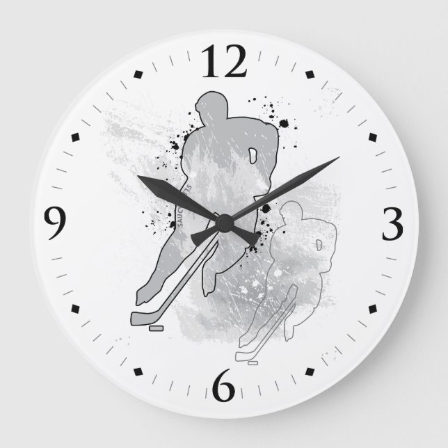 Hockey Player Double Vision Gray Ice Man Cave Large Clock (Front)