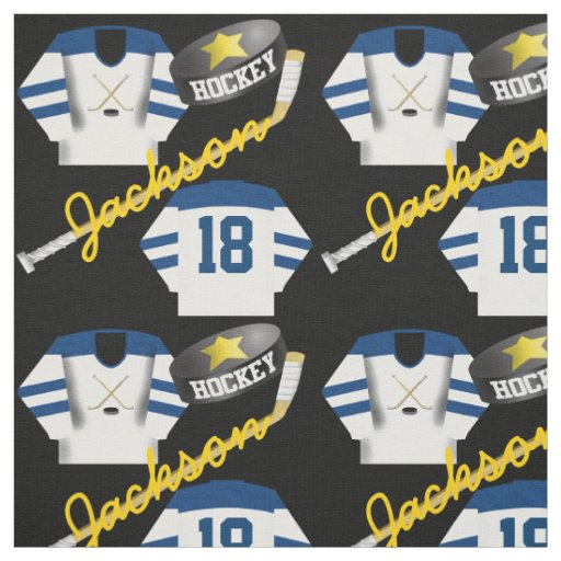 Hockey Player Jersey Puck and Stick Name Number Fabric