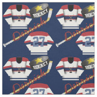 Hockey Player Jersey Puck and Stick Name Number Fabric