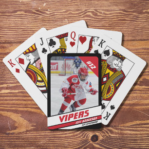Hockey Player Keepsake On Vibrant Red Black Poker Cards