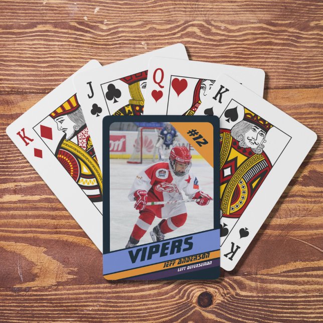 Hockey Player Keepsake On Vibrant Violet Poker Cards (Vibrant violet and yellow playing cards capturing ice hockey memories. Perfect souvenir or gift!)