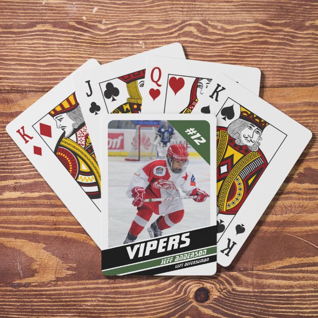 Hockey Player Keepsake On Vigorous Blue White Poker Cards (Capture ice hockey memories with vibrant white and green playing cards. Perfect souvenir or gift!)