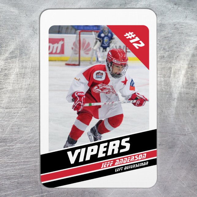 Hockey Player Keepsake On Vigorous Red White Magnet (Ice Hockey: Create your magnet with a striking white and red jersey, player image, and number.)