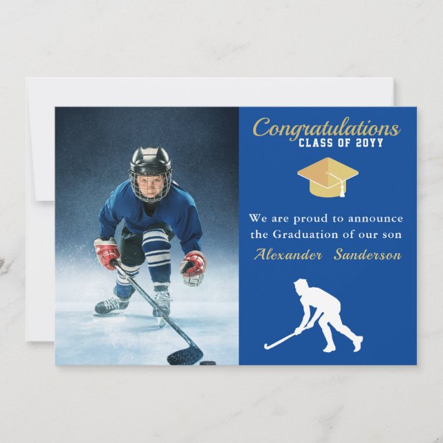 Hockey player Photo graduation blue class of 2022  Announcement (Front)