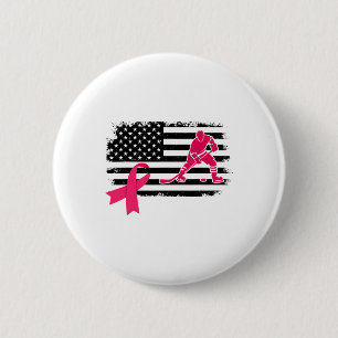 Hockey Player Pink Ribbon Usa Flag Breast Cancer A Button