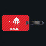 Hockey Player; Scarlet Red Stripes Luggage Tag<br><div class="desc">Cool, colorful kid's ice hockey, hockey player, coach, white sports silhouette design on red, scarlet red diagonal stripes pattern. Perfect gift for baby, toddler, kids, children, teens, or adults! Personalized the design by adding a child's name or custom text with athletic, sporty look sports white font. Visit our store, Birthday...</div>