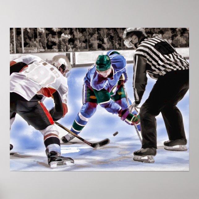 Hockey Players and Referee Face Off Poster (Front)