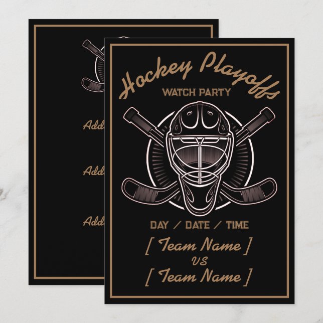 Hockey Playoffs Black And Gold Invitation (Front/Back)