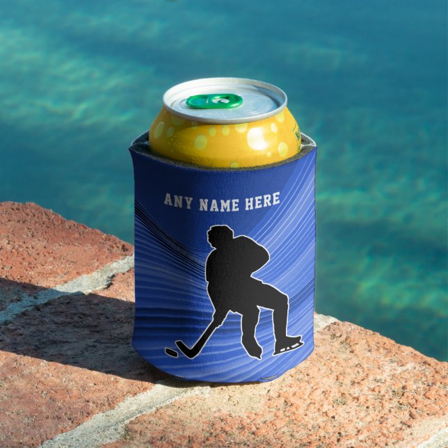 Hockey Pride player on blue background Personalize Can Cooler (In Situ Pool)