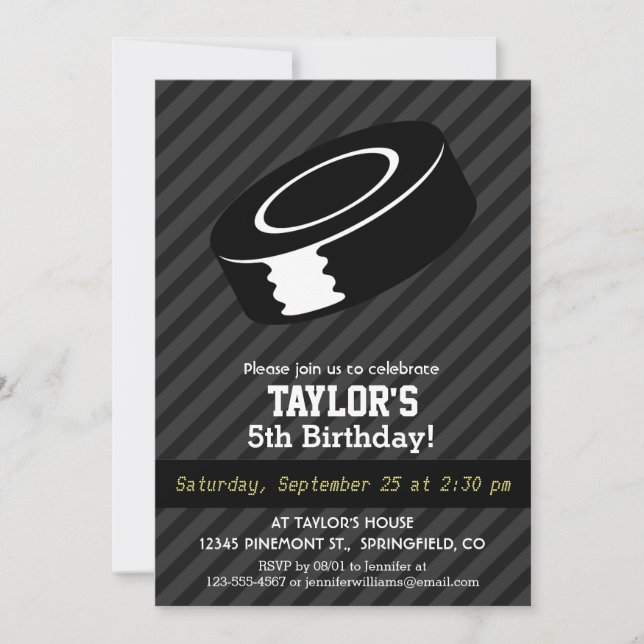 Hockey Puck; Black & Dark Gray Stripes Invitation (Front)