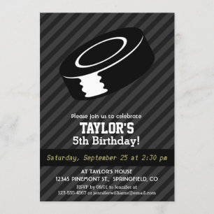 Hockey Puck; Black & Dark Gray Stripes Invitation