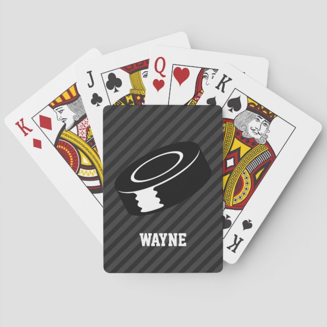 Hockey Puck; Black & Dark Gray Stripes Poker Cards (Back)