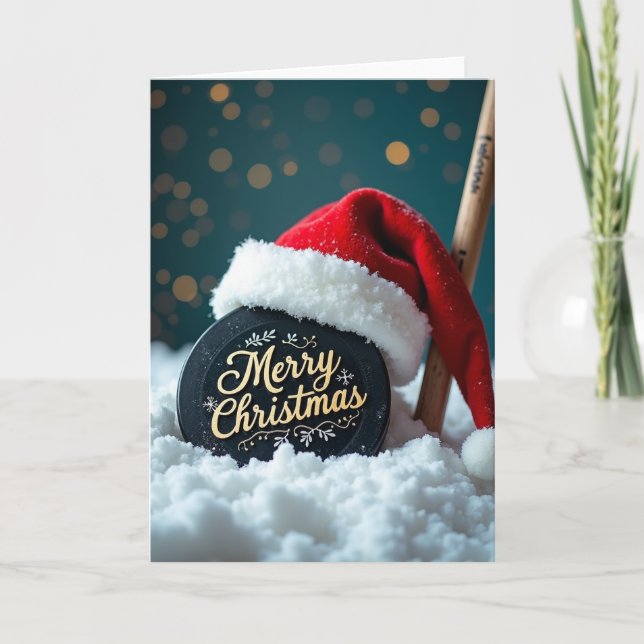 Hockey Puck Merry Christmas Card (Front)