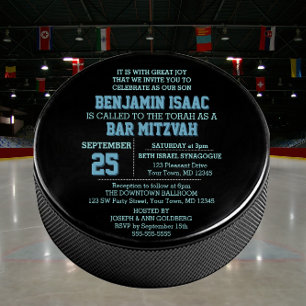 Hockey Puck Round Blue Bar Mitzvah Invitation