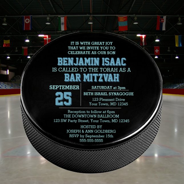 Hockey Puck Round Blue Bar Mitzvah Invitation (Creator Uploaded)