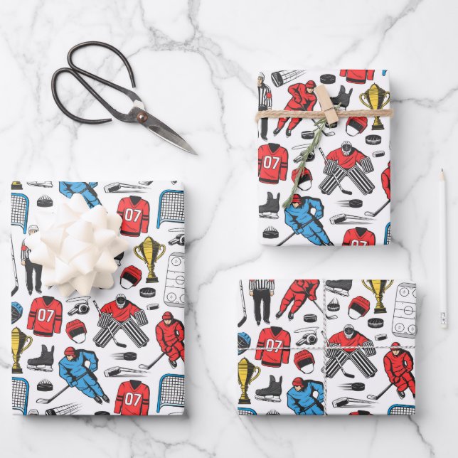 Hockey Referee Players Ice Skating Rink Pattern Wrapping Paper Sheets (Front)