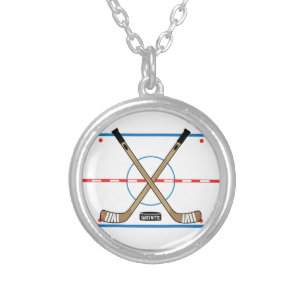 Hockey Rink Center Ice Hockey Sticks Silver Plated Necklace